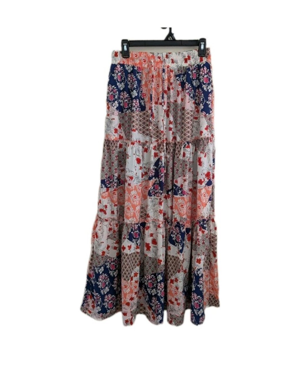 Boho Patchwork Floral Maxi Skirt Womens M Tiered Long Skirt Festival Elastic
